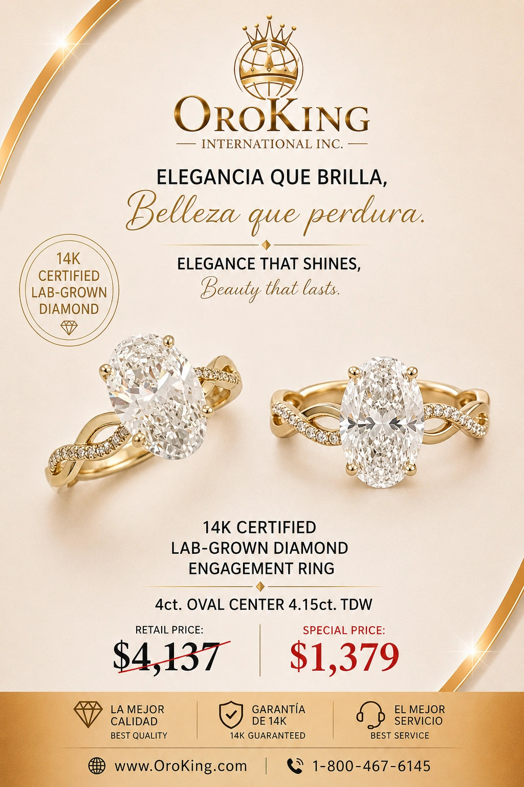 Women's 14K White Gold/Yellow Gold Lab-Grown Diamond Infinity Design Engagement Ring 4.00ct. Oval Center Stone with Round Side Stone 4.15ct. TDW