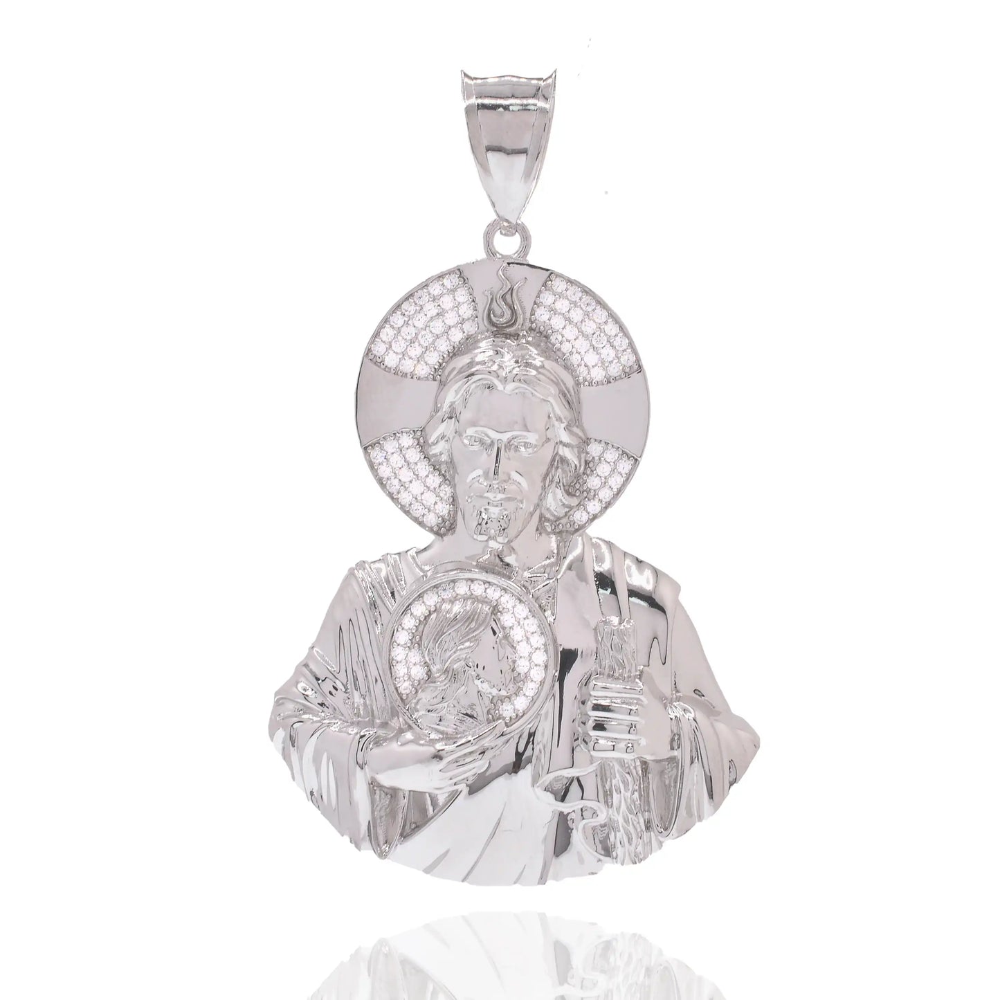 925 Sterling Silver Rhodium Plated Sacred Heart Jesus Clear CZ 41.5mm x 51.5mm Pendant