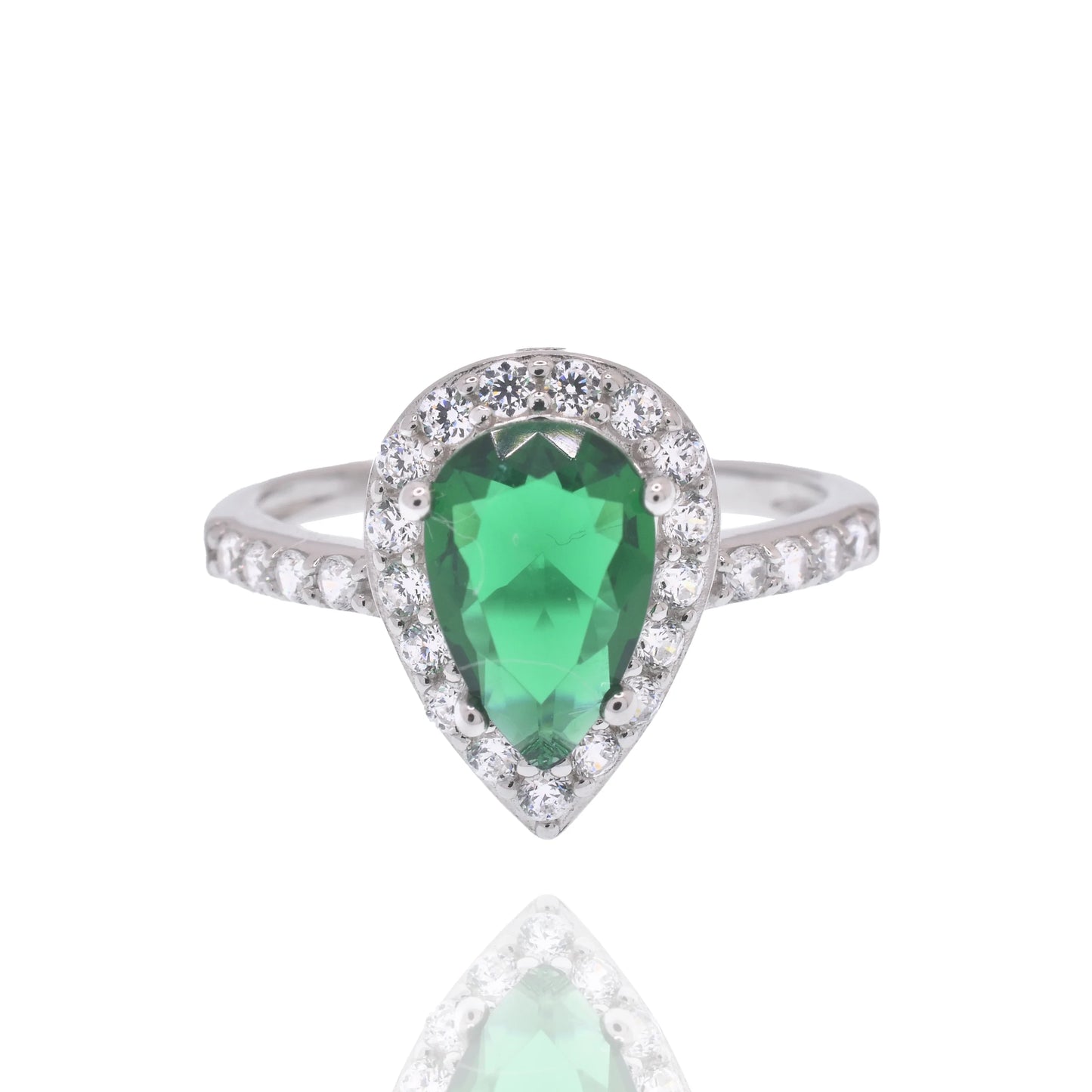925 Sterling Silver Rhodium Plated Teardrop Emerald and Clear CZ Ring