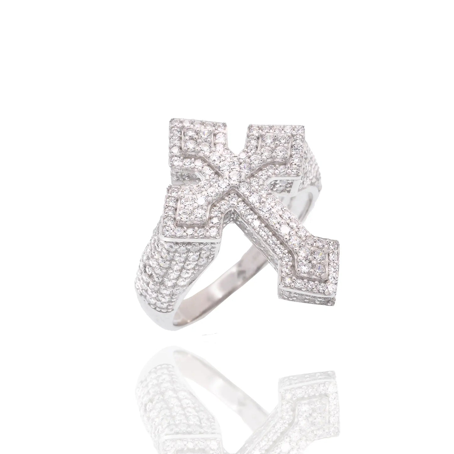 925 Sterling Silver Rhodium Plated Men's Iced Out Cross Pave CZ Statement Ring