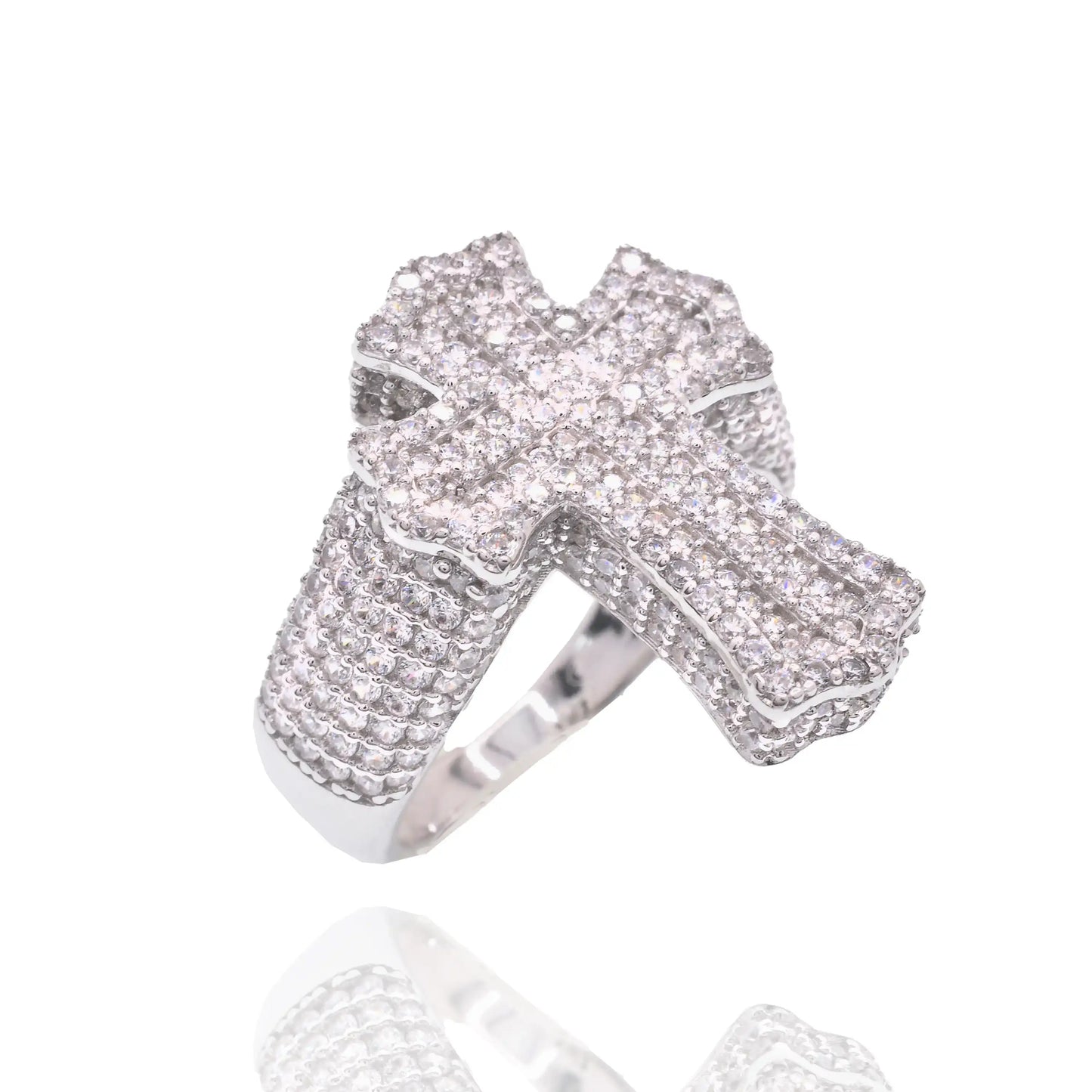 925 Sterling Silver Rhodium Plated Men's Iced Out Cross Pave CZ Statement Ring