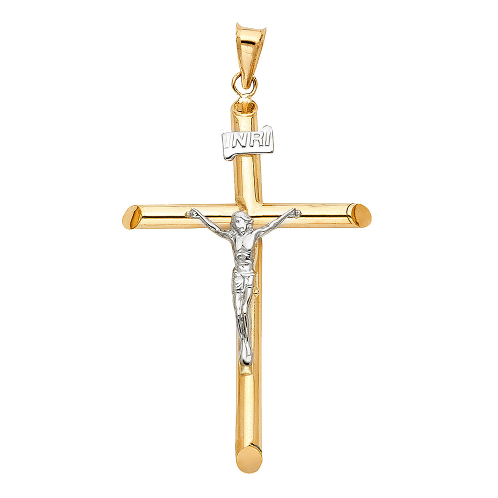 14K Two-Tone Gold High-Polished Tube Crucifix Pendant with White Gold Christ & INRI Aprox 2 1/4" Tall