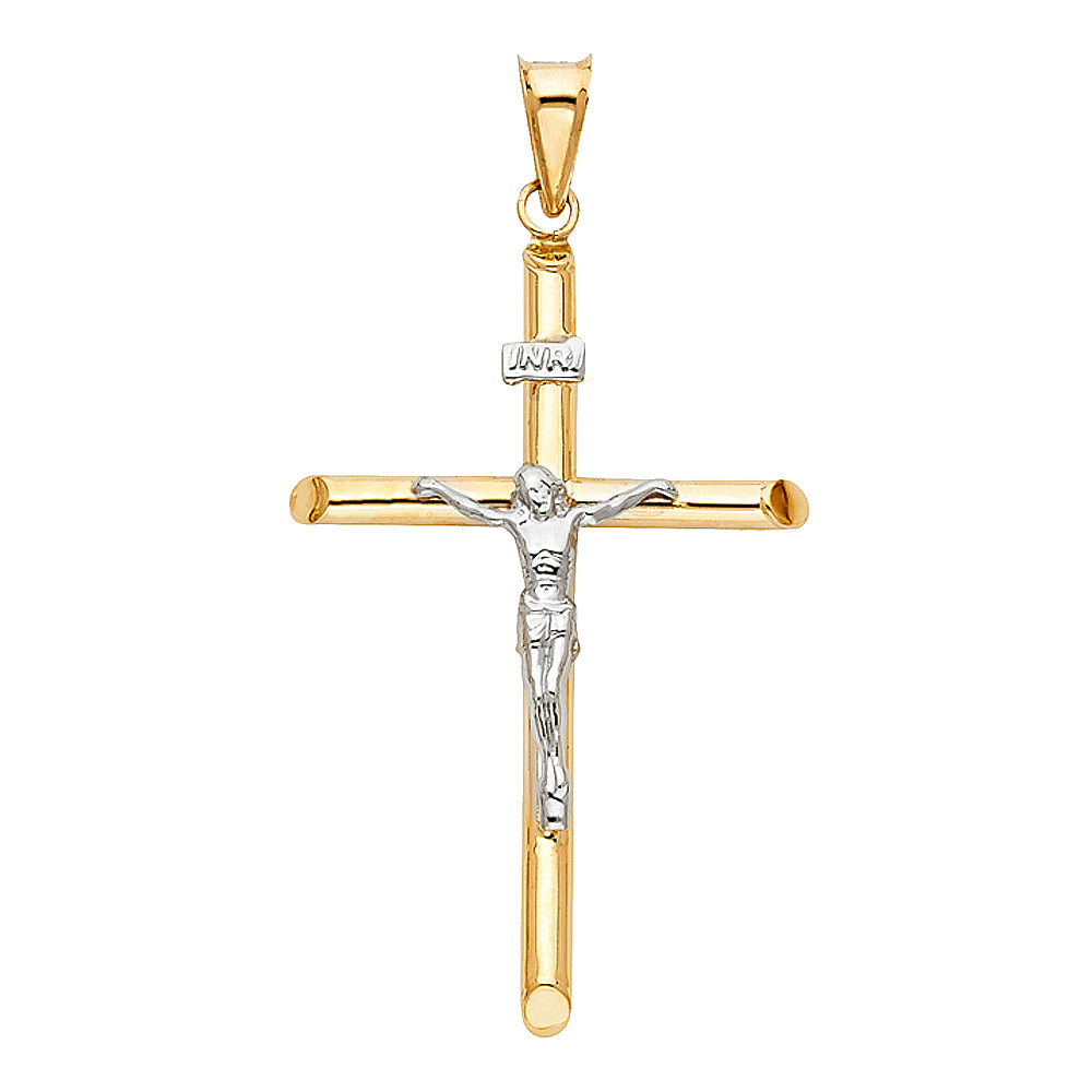 14K Two-Tone Gold High-Polished Tube Crucifix Pendant with White Gold Christ & INRI Aprox 2" Tall