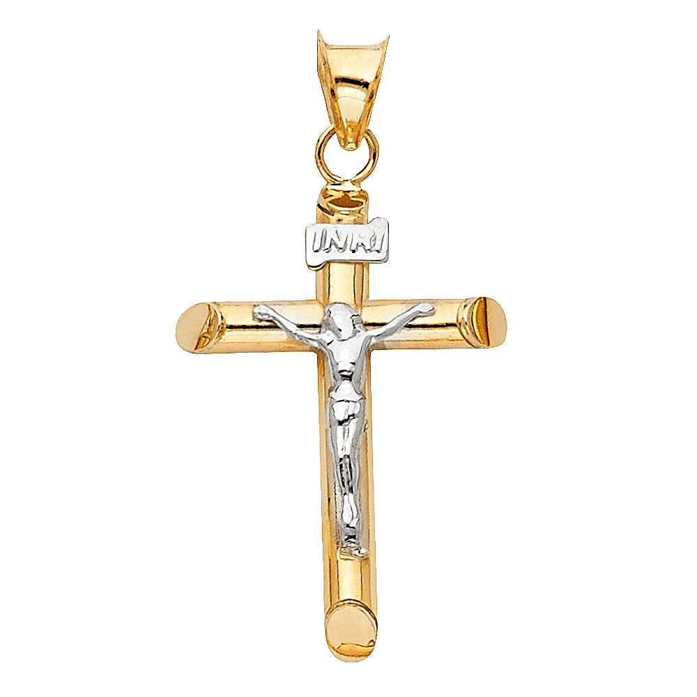 14K Two-Tone Gold High-Polished Tube Crucifix Pendant with White Gold Christ & INRI Aprox 1.5" Tall
