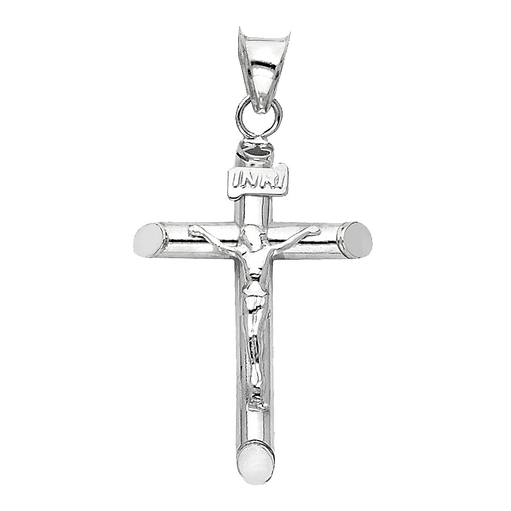 14K White Gold High-Polished Tube Crucifix Pendant with INRI & Christ Figure aprox 1.5" Tall