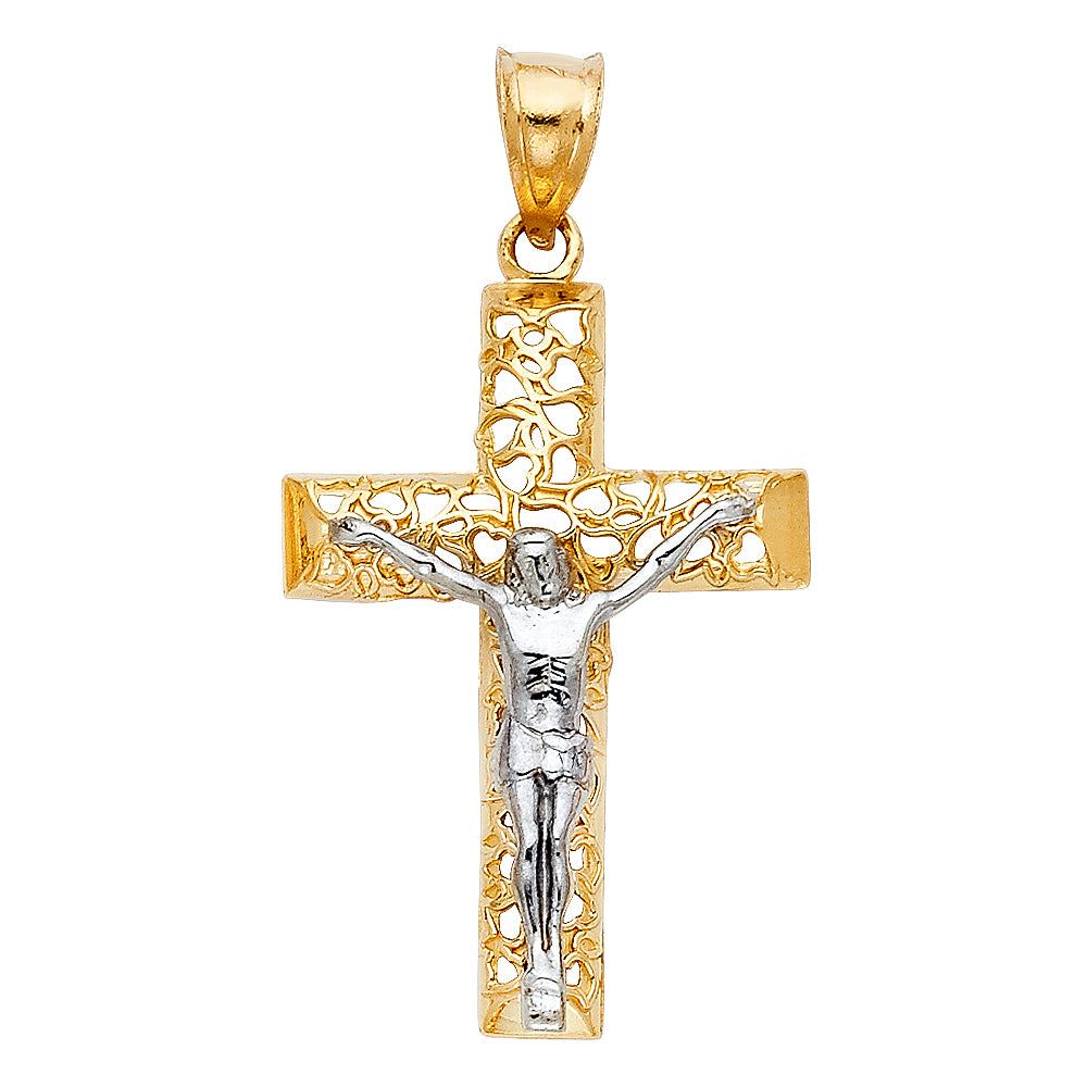 14K Two-Tone Gold Filigree Crucifix Pendant