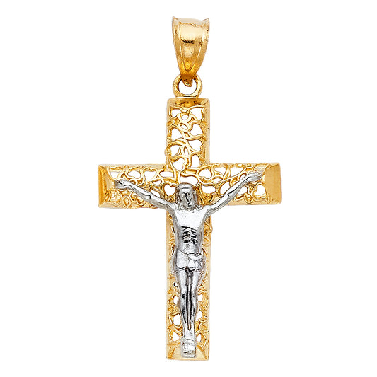 14K Two-Tone Gold Filigree Crucifix Pendant
