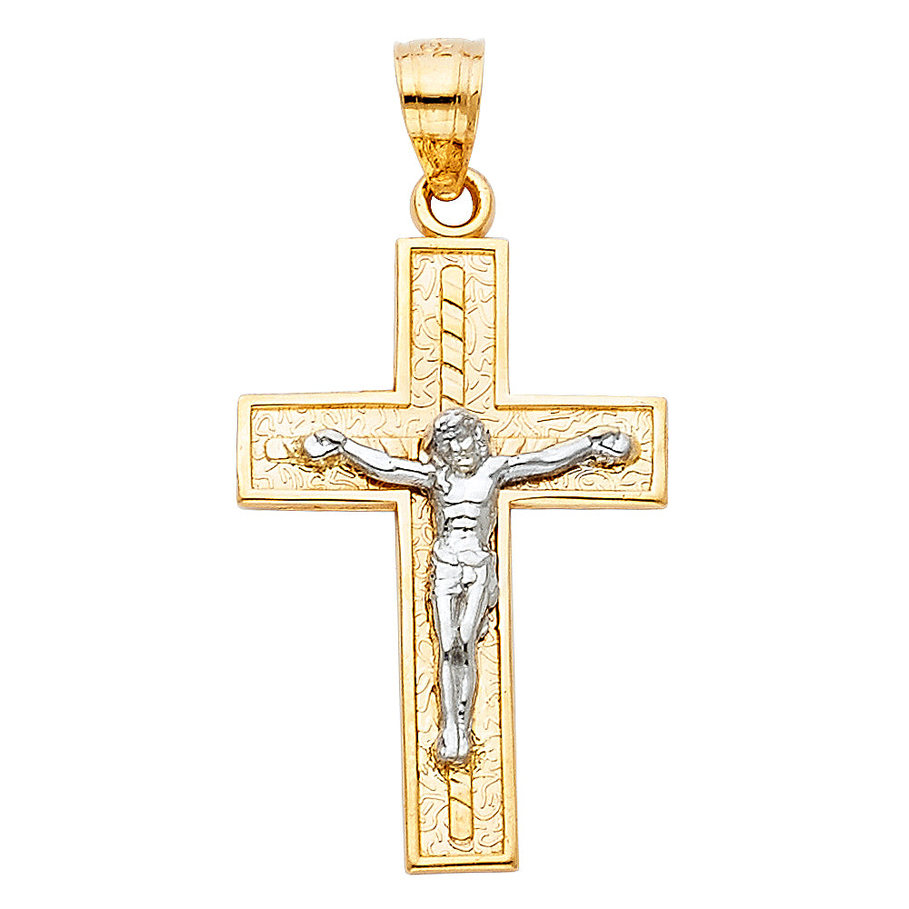 14K Two-Tone Gold Engraved Crucifix Pendant
