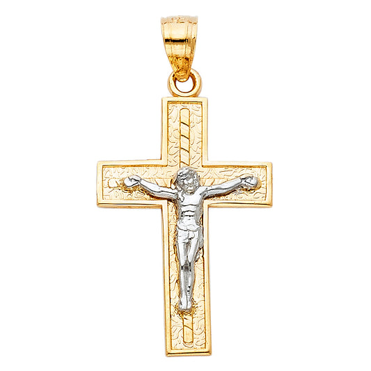 14K Two-Tone Gold Engraved Crucifix Pendant