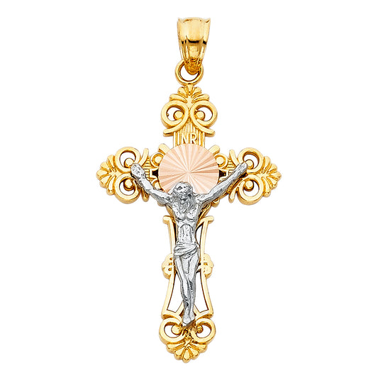 14K Tri-Color Gold Ornate Crucifix Pendant