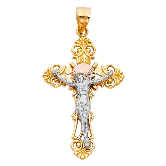 14K Tri-Color Gold Ornate Crucifix Pendant