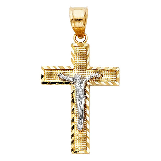 14K Two-Tone Gold Fancy Diamond Cut Crucifix Pendant