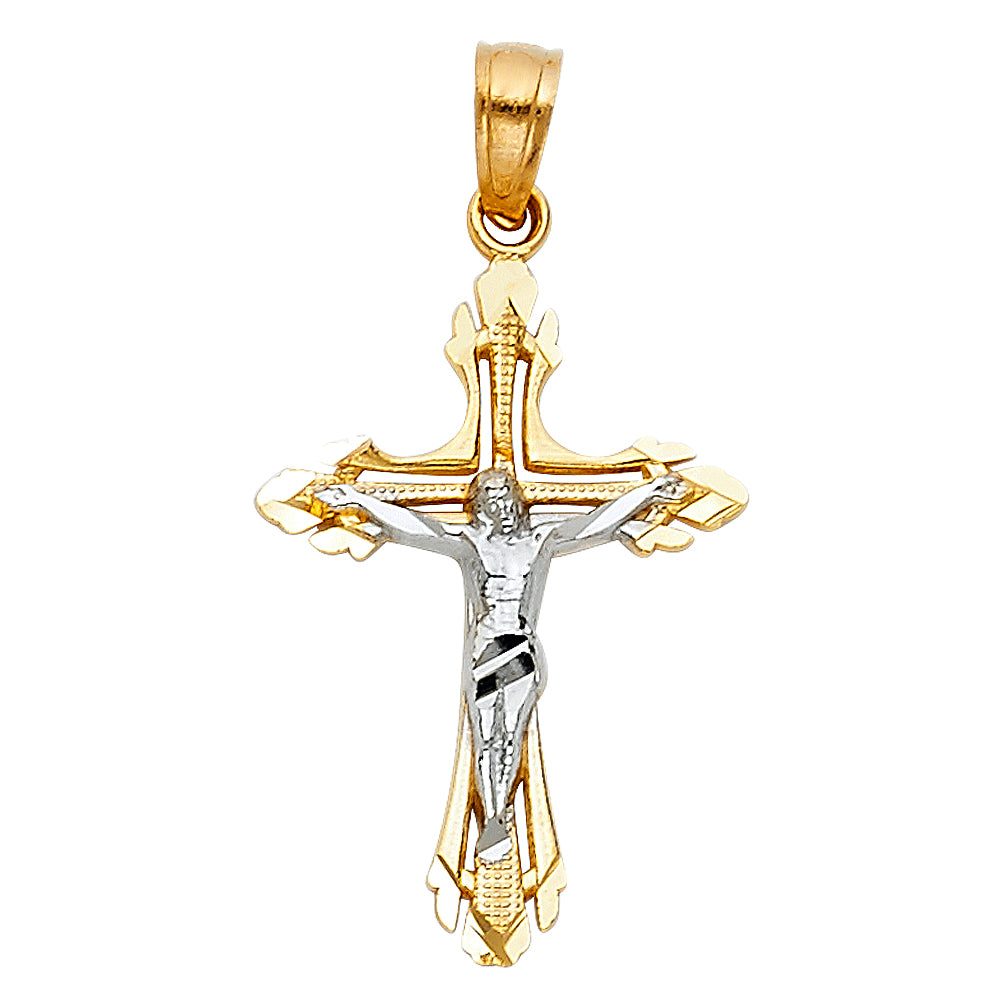 14K Yellow Gold Two-Tone Diamond-Cut Crucifix Pendant aprox 1" tall