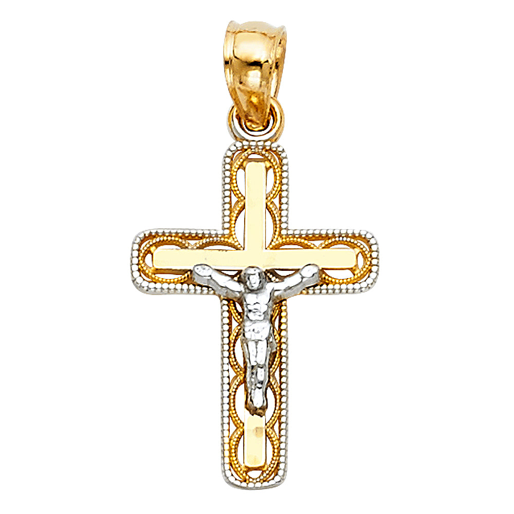 14K Two-Tone Gold Filigree Border Crucifix Pendant aprox 3/4" tall