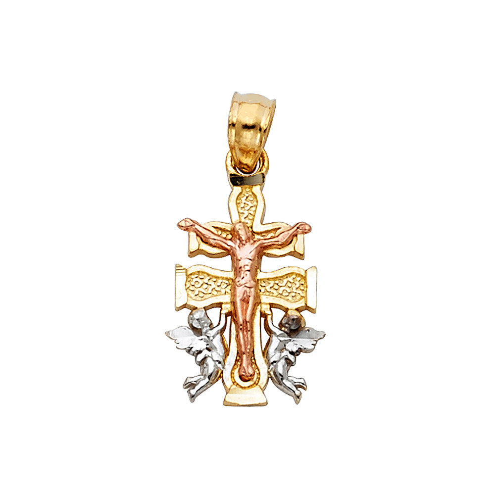 14K Tri-Color Gold Caravaca Cross Pendant 0.6" Tall