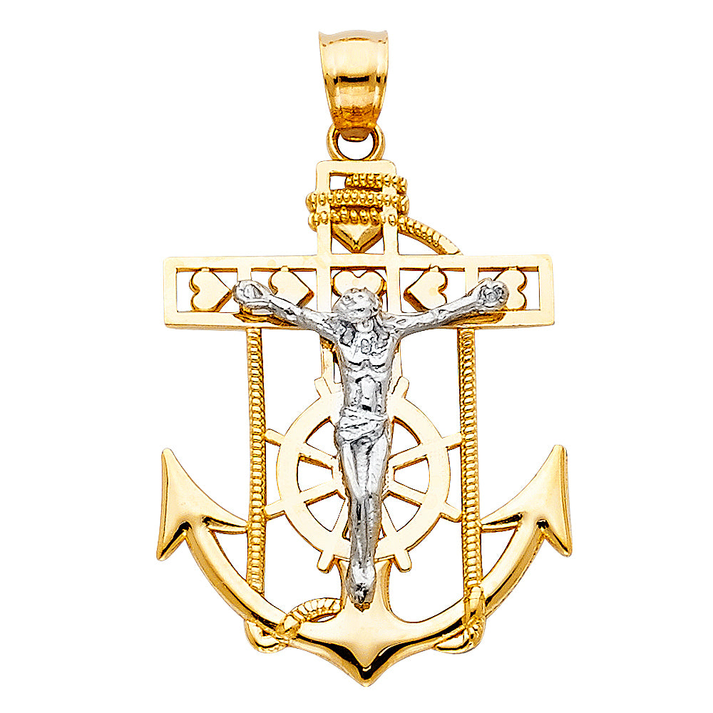 14K Two-Tone Gold Anchor and Crucifix Pendant 1.2" Tall