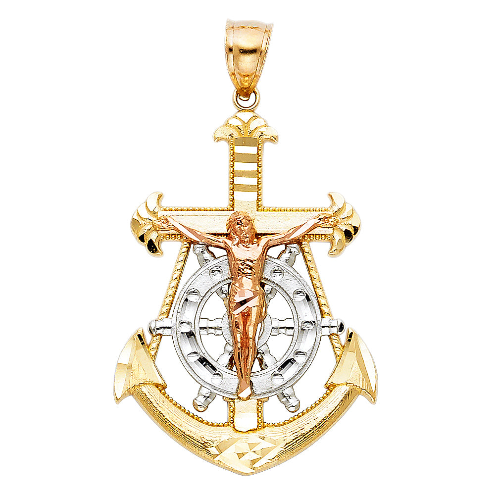 14K Tri-Color Gold Anchor Crucifix Pendant 1.8" Tall