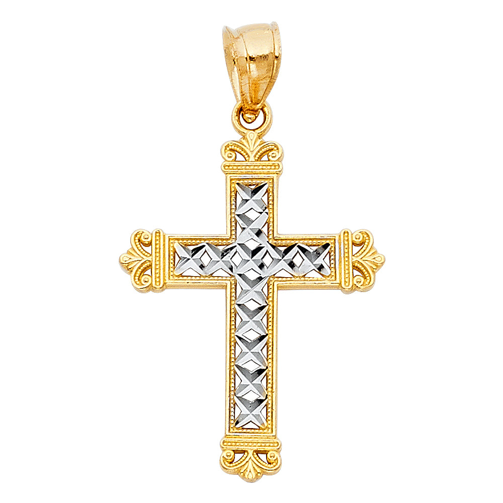 14K Two-Tone Gold Diamond-Cut Filigree Cross Pendant aprox 1 1/2" tall