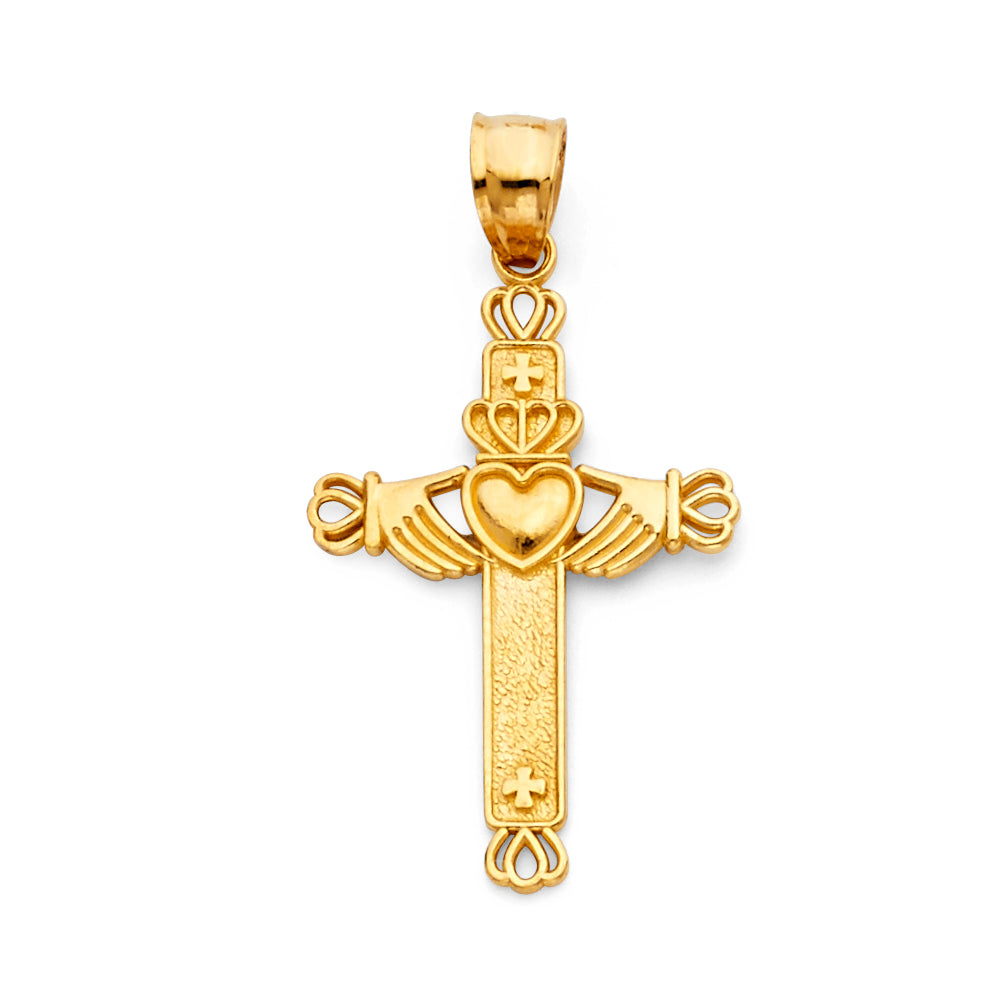14K Yellow Gold Sacred Heart Claddagh Style Cross Pendant aprox 1 1/4" tall