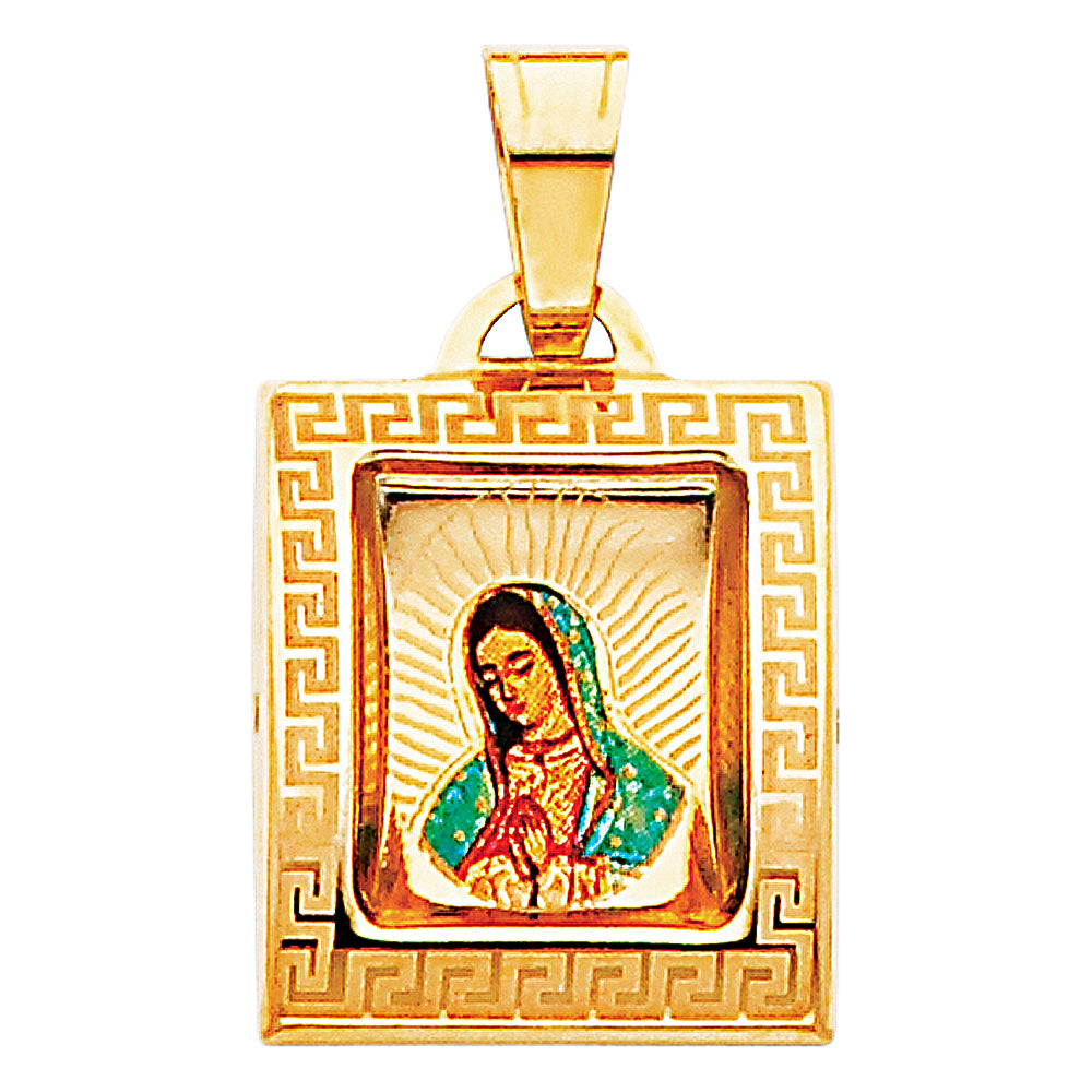 14K Yellow Gold Square Virgin of Guadalupe Greek Key Enamel Medal Pendant with Large Bail