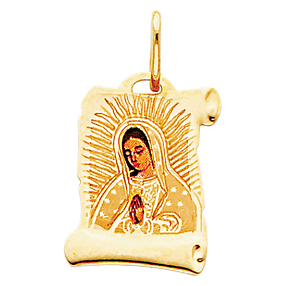 14K Yellow Gold Virgin of Guadalupe Scroll Pendant