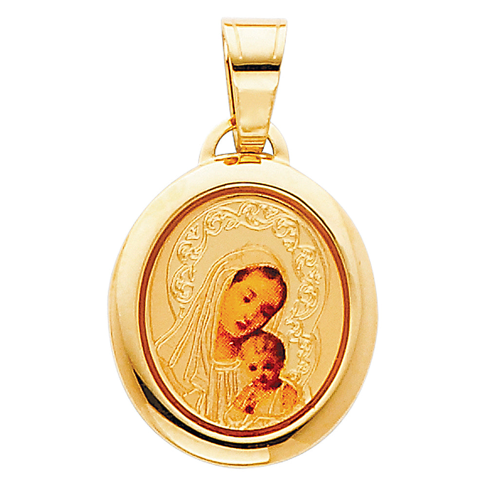 14K Yellow Gold Madonna and Child Oval Medal Pendant with Large Bail