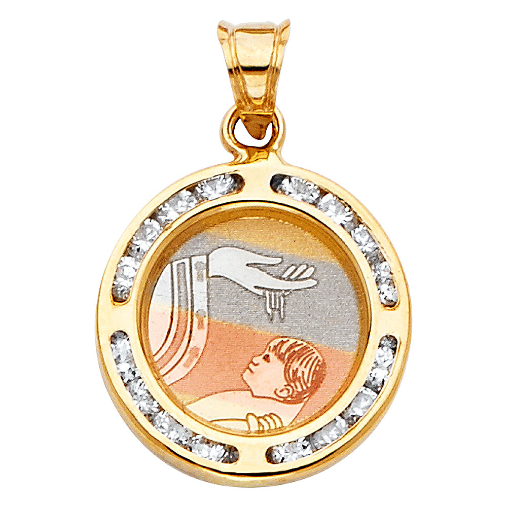 14K Tri-Color Gold Round Baptism CZ Medal Pendant