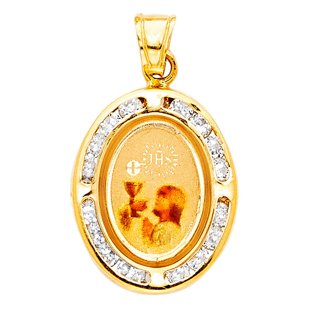 14K Yellow Gold Oval Girl First Communion CZ Medal Pendant