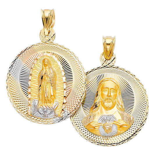 14K Tri-Color Gold Double Sided Guadalupe & Sacred Heart Medallion