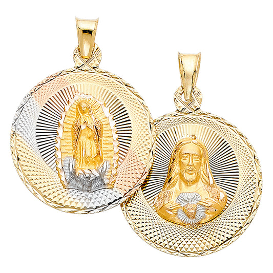 14K Tri-Color Gold Double Sided Guadalupe & Sacred Heart Medallion