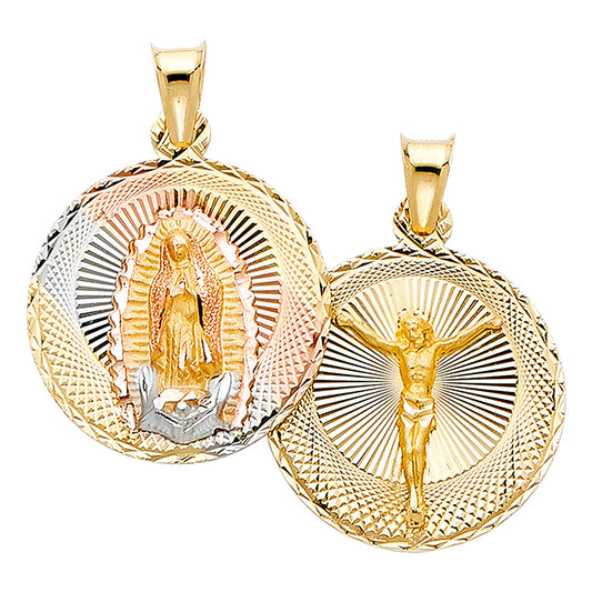 14K Tri-Color Gold Double Sided Guadalupe & Crucifix Medallion