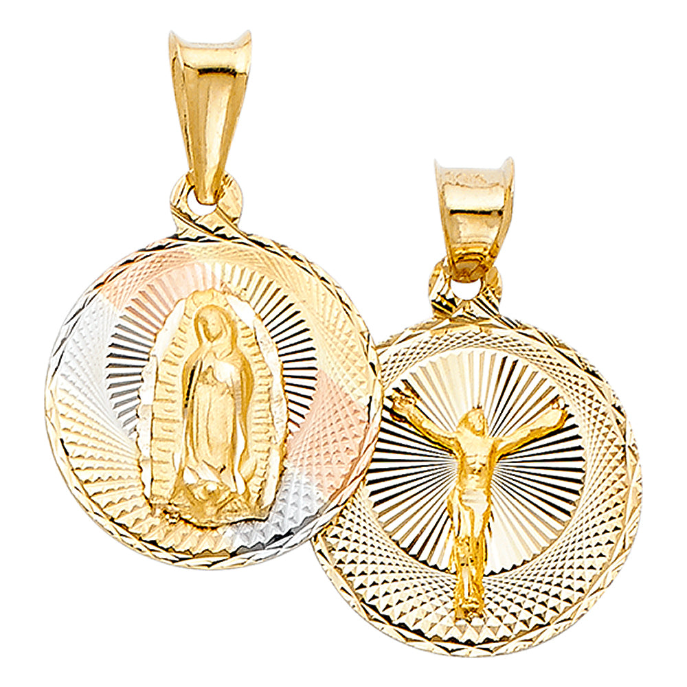 14K Tri-Color Gold Double Sided Guadalupe & Crucifix Medallion
