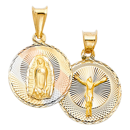 14K Tri-Color Gold Double Sided Guadalupe & Crucifix Medallion