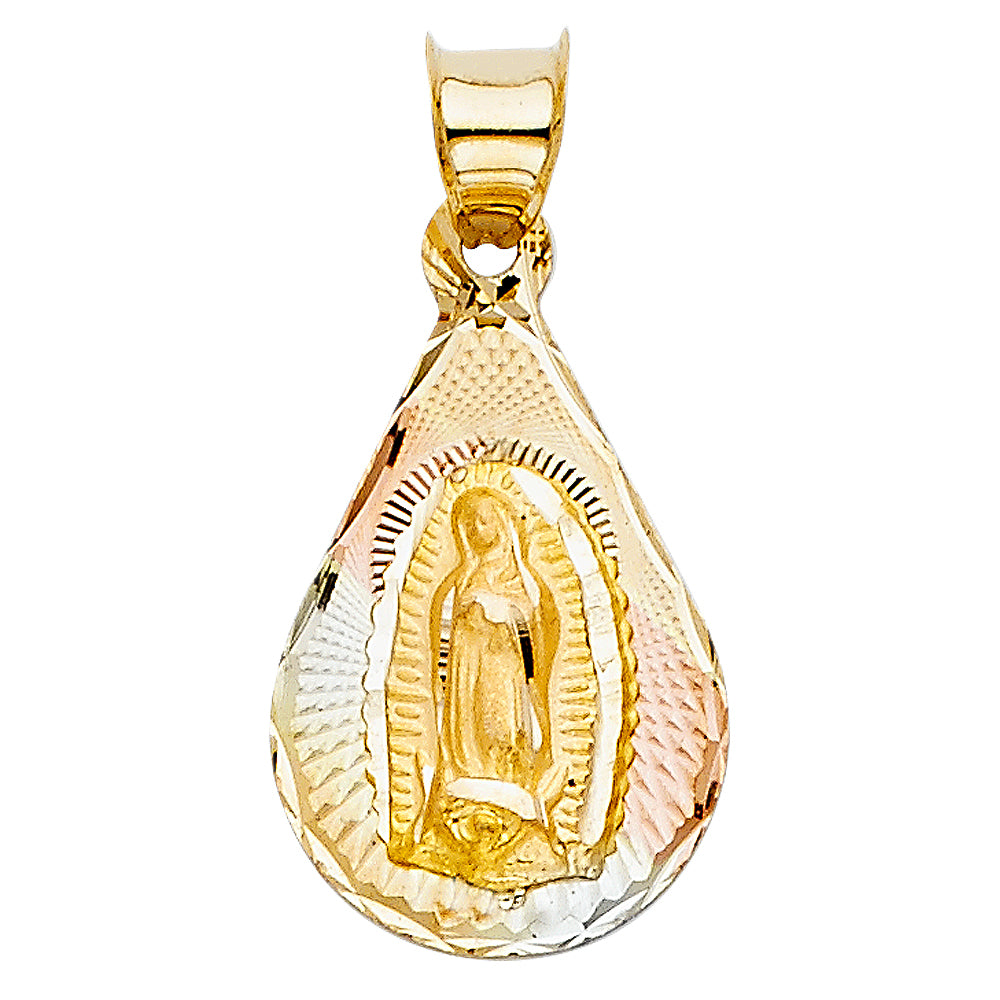 14K Tri-Color Gold Teardrop Oval Guadalupe Medallion