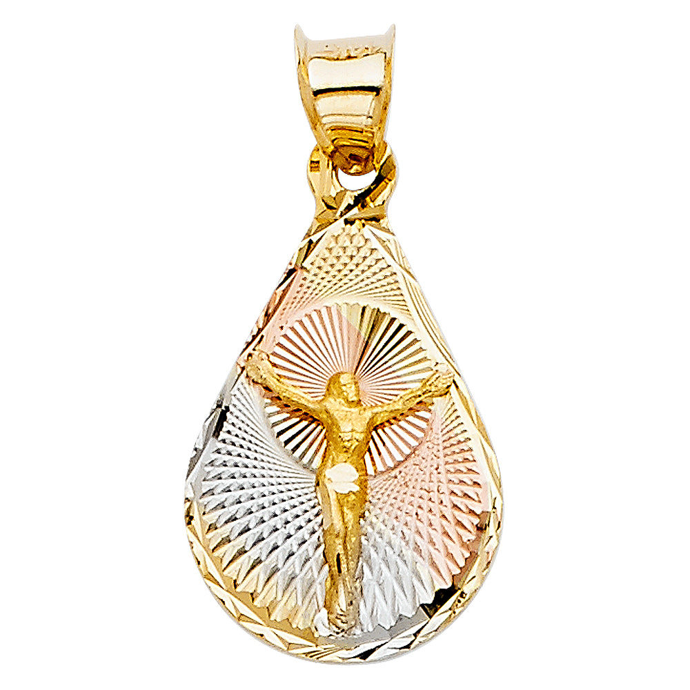 14K Tri-Color Gold Teardrop Oval Crucifix Medallion