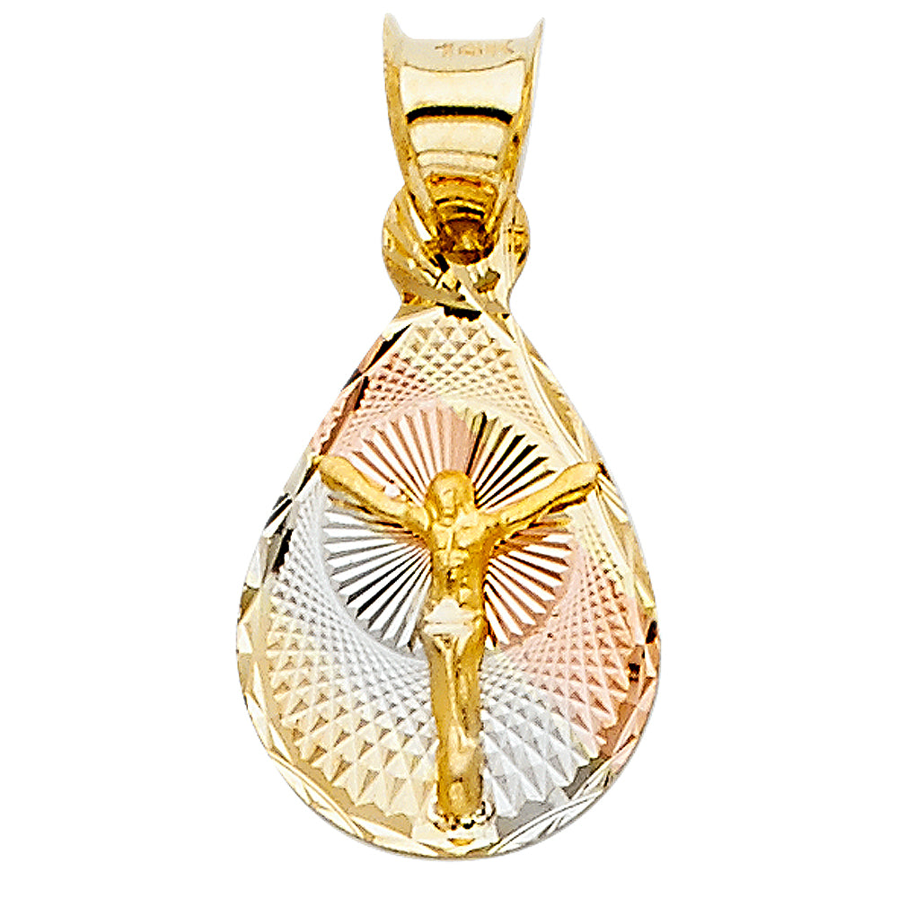 14K Tri-Color Gold Teardrop Oval Crucifix Medallion