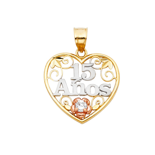 14K Tri-Color Gold Quinceañera Heart Pendant with Flower Accent