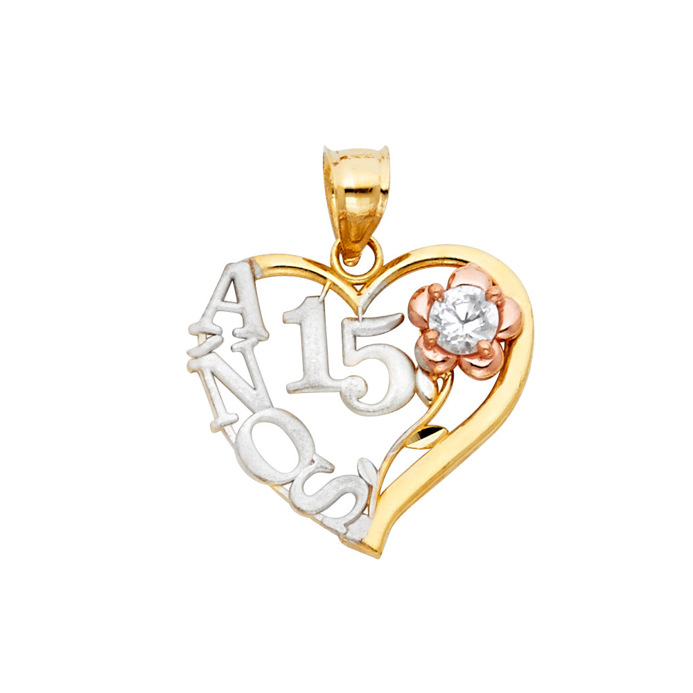 14K Tri-Color Gold Quinceañera Heart Pendant with Flower Accent