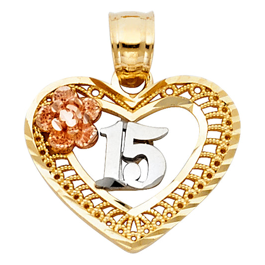 14K Tri-Color Gold Quinceañera Heart Pendant with Textured Border and Flower Accent