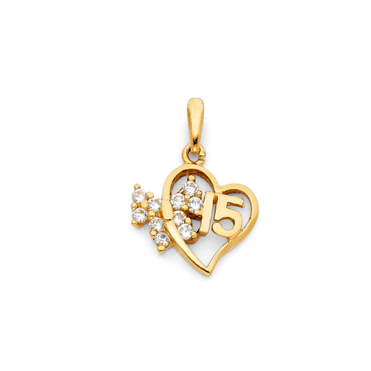14K Yellow Gold Mis 15 Años Double Heart Pendant with CZ Accents