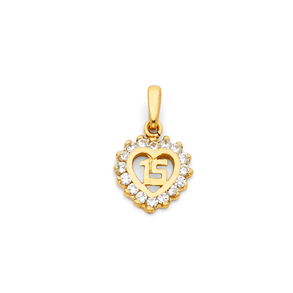14K Yellow Gold Mis 15 Años Heart Pendant with CZ Halo