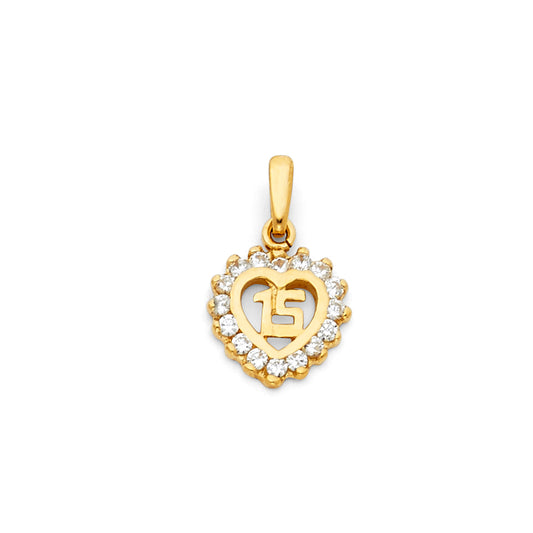 14K Yellow Gold Mis 15 Años Heart Pendant with CZ Halo