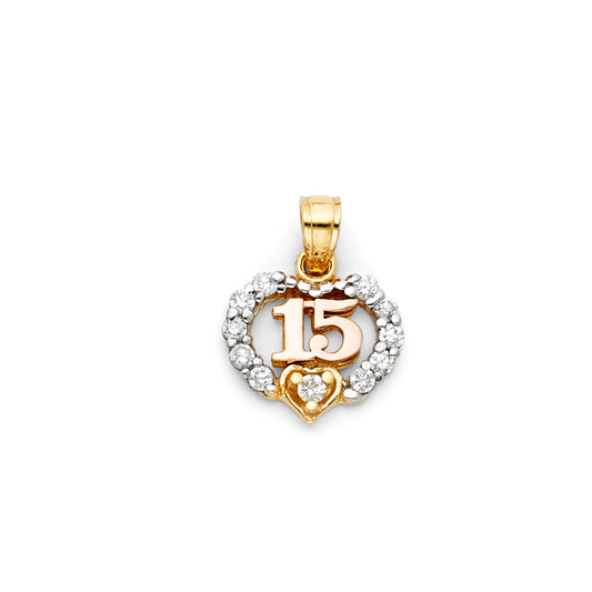 14K Tri-Color Gold Quinceañera Heart Pendant with Cubic Zirconia Accents