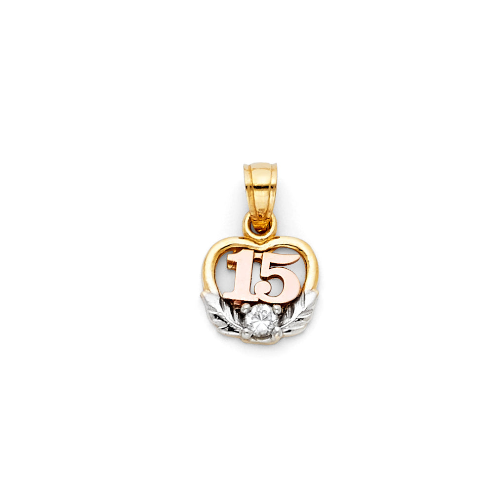 14K Tri-Color Gold Quinceañera Heart Pendant with Laurel and CZ Accent