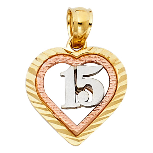 14K Tri-Color Gold Quinceañera Heart Pendant with Textured Border