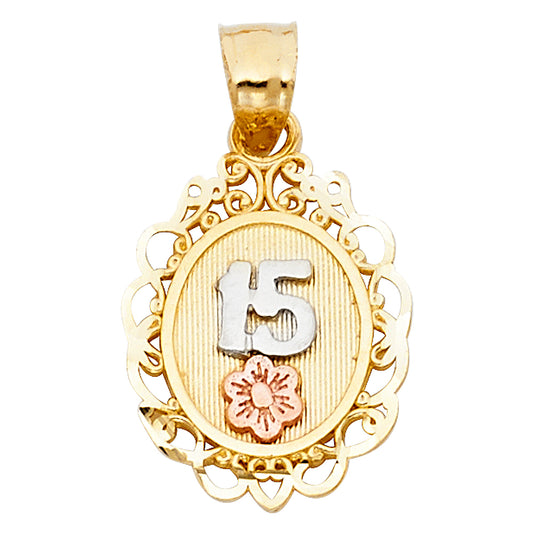 14K Tri-Color Gold Quinceañera Oval Pendant with Filigree Frame and Flower Accent
