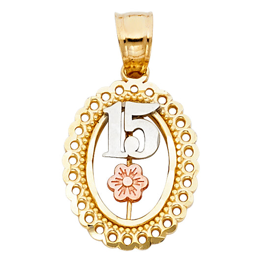 14K Tri-Color Gold Quinceañera Oval Pendant with Beaded Frame and Flower Accent