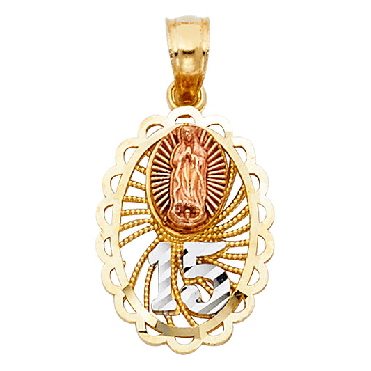 14K Tri-Color Gold Quinceañera Oval Pendant with Guadalupe and Sunburst Design