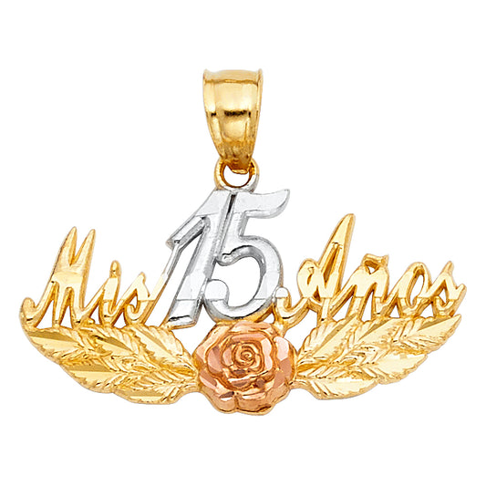 14K Tri-Color Gold Mis 15 Años Pendant with Rose and Leaf Accents