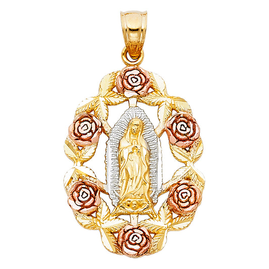 14K Tri-Color Gold Our Lady of Guadalupe Extra Small Pendant with Rose Accents